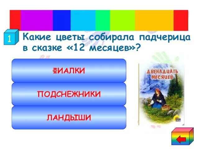 Какие цветы собирала падчерица в сказке «12 месяцев»? "Двенадцать месяцев" ПОДСНЕЖНИКИ ФИАЛКИ ЛАНДЫШИ 1