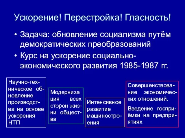 Ускорение! Перестройка! Гласность! Задача: обновление социализма путём демократических преобразований Курс на