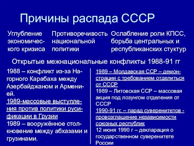 Причины распада СССР Углубление экономичес-кого кризиса Противоречивость национальной политики Ослабление роли