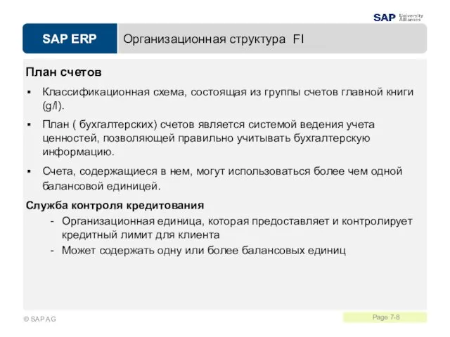 Организационная структура FI План счетов Классификационная схема, состоящая из группы счетов