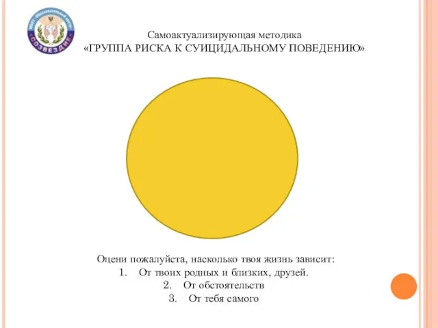 Самоактуализирующая методика «ГРУППА РИСКА К СУИЦИДАЛЬНОМУ ПОВЕДЕНИЮ» Оцени пожалуйста, насколько твоя