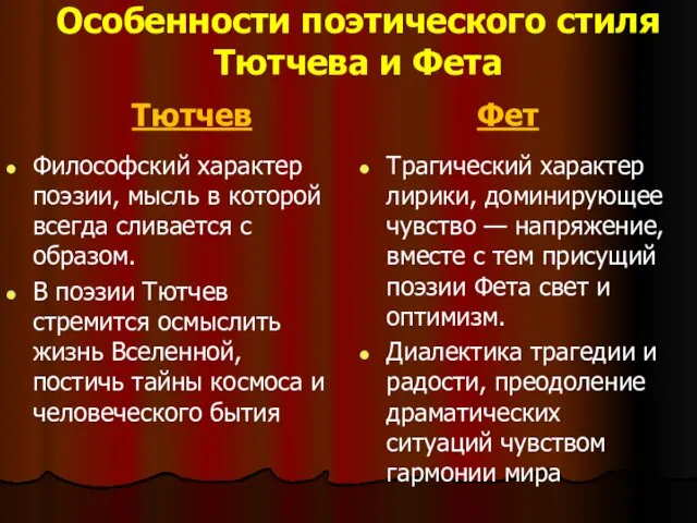 Особенности поэтического стиля Тютчева и Фета Тютчев Философский характер поэзии, мысль