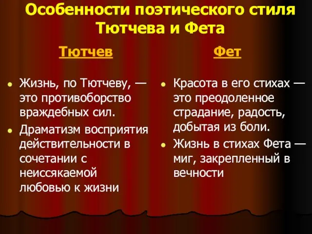 Особенности поэтического стиля Тютчева и Фета Тютчев Жизнь, по Тютчеву, —