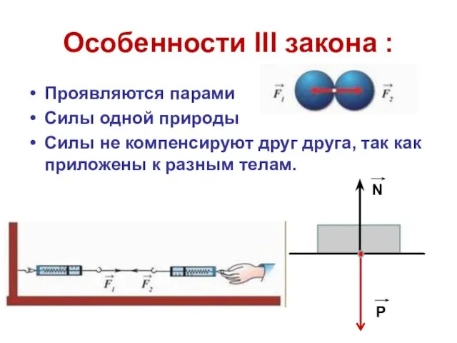 Особенности III закона : Проявляются парами Силы одной природы Силы не