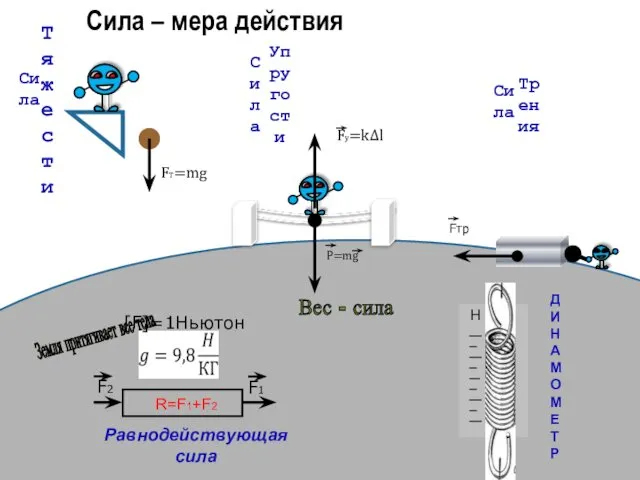 FT=mg Земля притягивает все тела Сила – мера действия Fу=k∆l Fтр