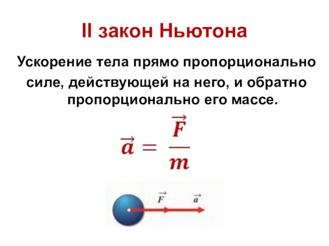 II закон Ньютона Ускорение тела прямо пропорционально силе, действующей на него, и обратно пропорционально его массе.