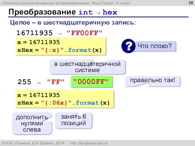 Преобразование int → hex Целое – в шестнадцатеричную запись: "0000FF" правильно