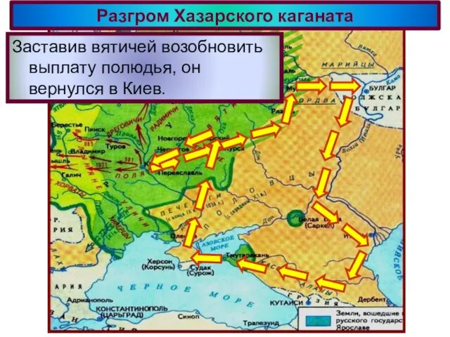 Разгром Хазарского каганата В 964 г. Святослав пошел на вятичей. Подчинив