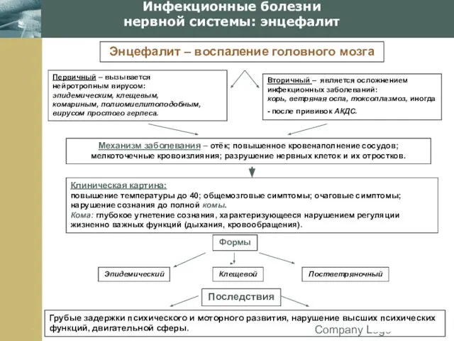 Company Logo Инфекционные болезни нервной системы: энцефалит Энцефалит – воспаление головного