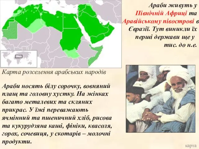 Карта розселення арабських народів Араби живуть у Північній Африці та Аравійському