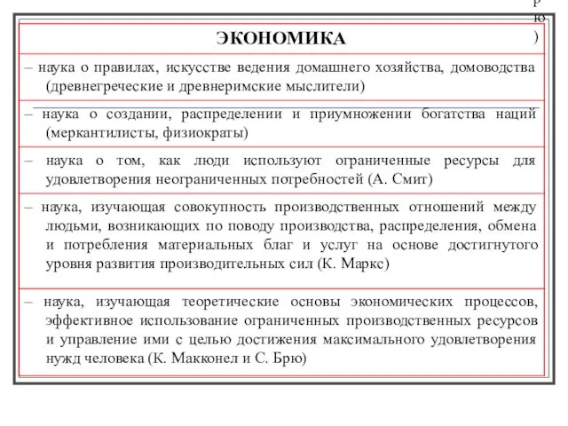 – наука, изучающая теоретические основы экономических процессов, эффективное использование ограниченных производственных