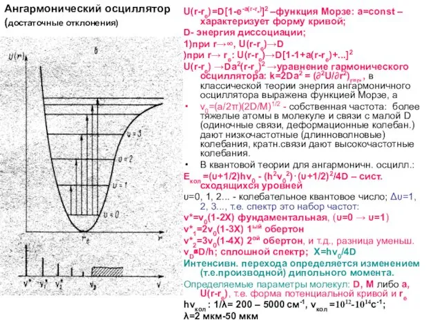 Ангармонический осциллятор (достаточные отклонения) U(r-re)=D[1-e-a(r-re)]2 –функция Морзе: а=const – характеризует форму