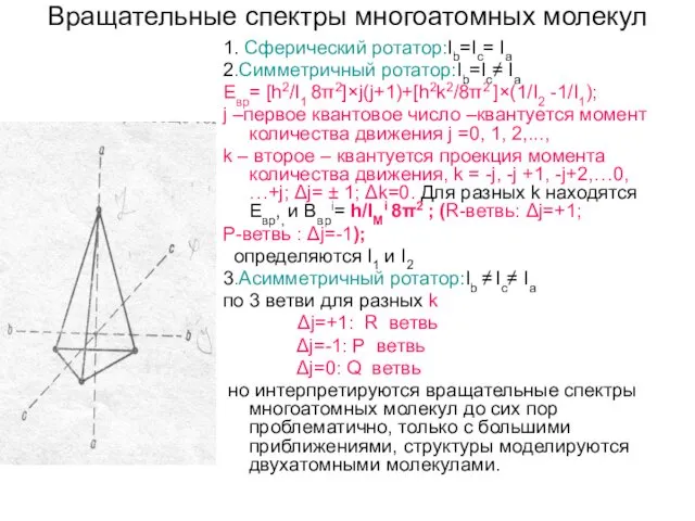 Вращательные спектры многоатомных молекул 1. Сферический ротатор:Ib=Ic= Ia 2.Симметричный ротатор:Ib=Ic≠ Ia