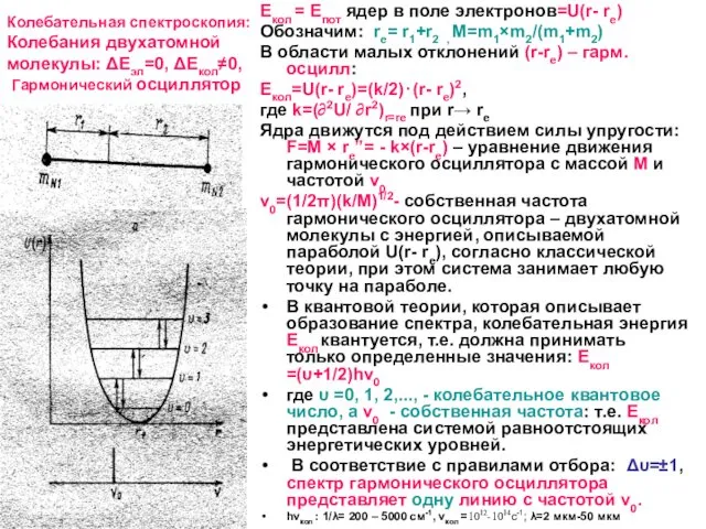 Колебательная спектроскопия: Колебания двухатомной молекулы: ΔЕэл=0, ΔЕкол≠0, Гармонический осциллятор Екол =