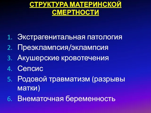 СТРУКТУРА МАТЕРИНСКОЙ СМЕРТНОСТИ Экстрагенитальная патология Преэклампсия/эклампсия Акушерские кровотечения Сепсис Родовой травматизм (разрывы матки) Внематочная беременность