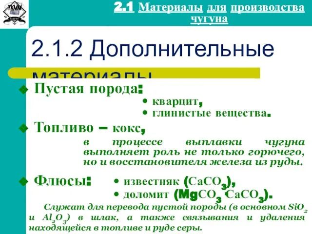 2.1 Материалы для производства чугуна 2.1.2 Дополнительные материалы Пустая порода: Топливо