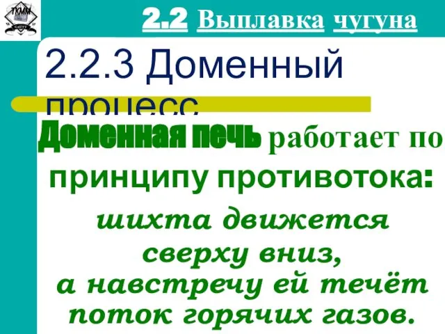 2.2 Выплавка чугуна 2.2.3 Доменный процесс Доменная печь работает по принципу