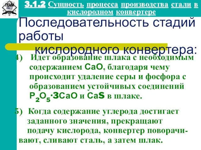 Идет образование шлака с необходимым содержанием СаО, благодаря чему происходит удаление