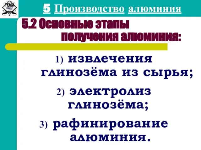 5 Производство алюминия 5.2 Основные этапы получения алюминия: извлечения глинозёма из сырья; электролиз глинозёма; рафинирование алюминия.