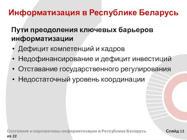 Информатизация в Республике Беларусь Пути преодоления ключевых барьеров информатизации Дефицит компетенций