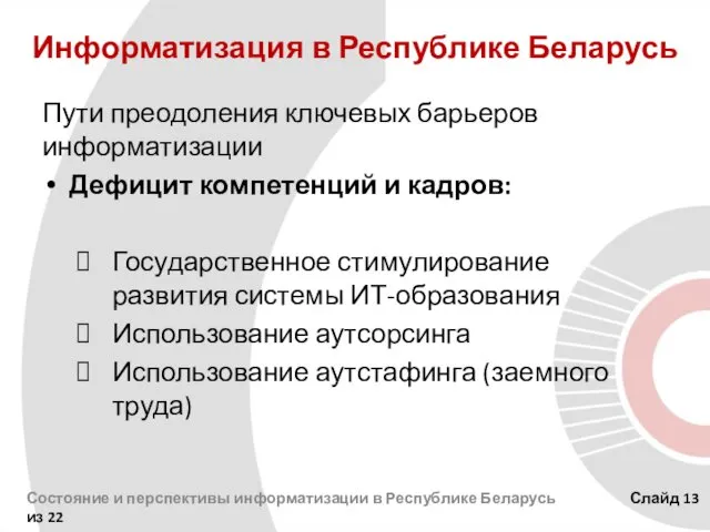 Информатизация в Республике Беларусь Пути преодоления ключевых барьеров информатизации Дефицит компетенций