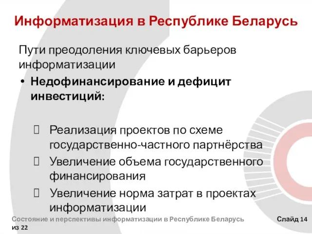 Информатизация в Республике Беларусь Пути преодоления ключевых барьеров информатизации Недофинансирование и