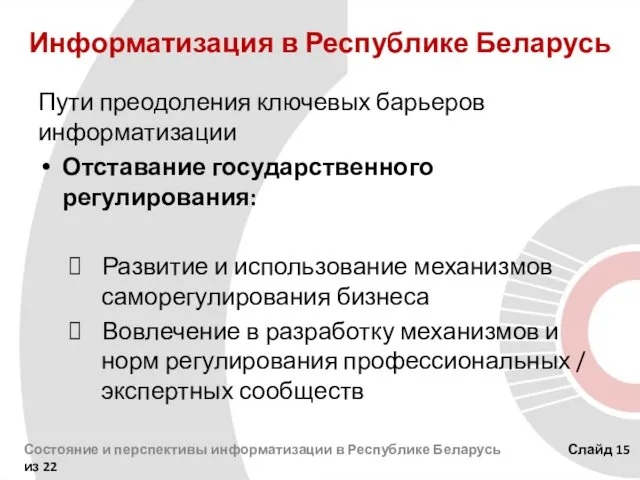 Информатизация в Республике Беларусь Пути преодоления ключевых барьеров информатизации Отставание государственного