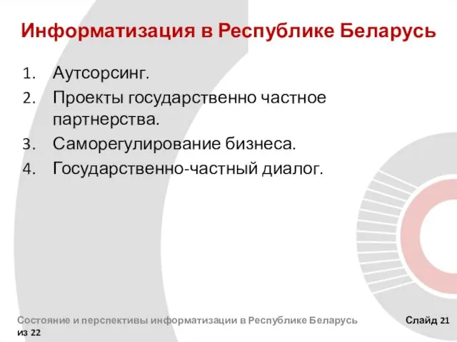 Информатизация в Республике Беларусь Аутсорсинг. Проекты государственно частное партнерства. Саморегулирование бизнеса.