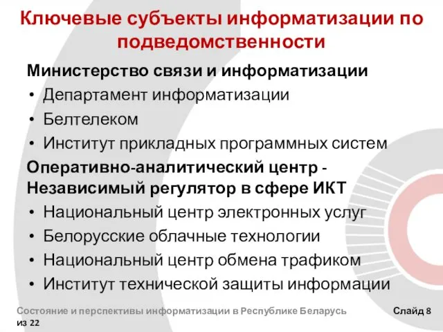 Ключевые субъекты информатизации по подведомственности Министерство связи и информатизации Департамент информатизации