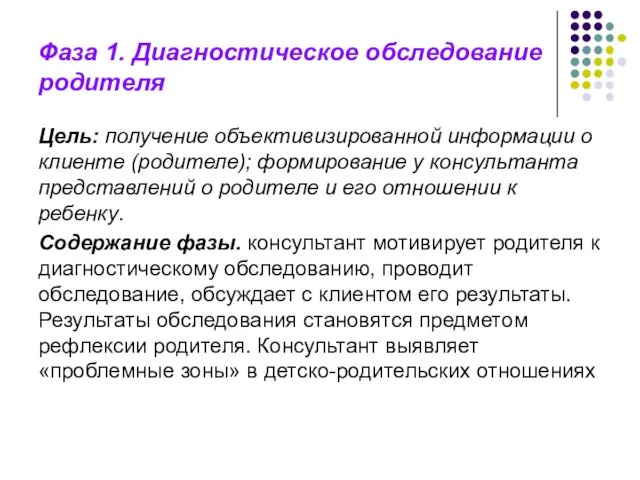 Цель: получение объективизированной информации о клиенте (родителе); формирование у консультанта представлений