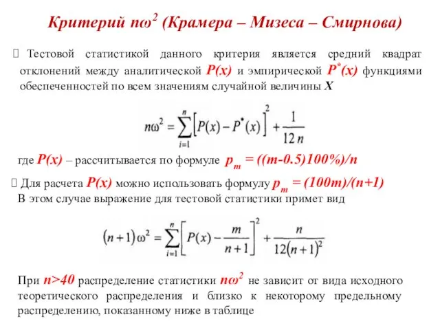 Критерий nω2 (Крамера – Мизеса – Смирнова) Тестовой статистикой данного критерия