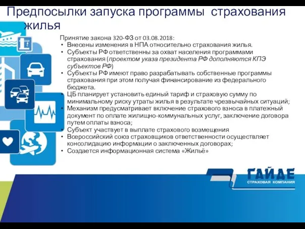 Предпосылки запуска программы страхования жилья Реализация Принятие закона 320-ФЗ от 03.08.2018: