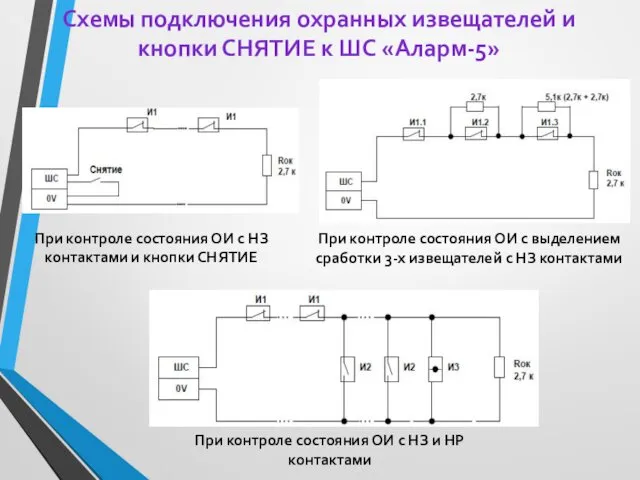 Схемы подключения охранных извещателей и кнопки СНЯТИЕ к ШС «Аларм-5» При