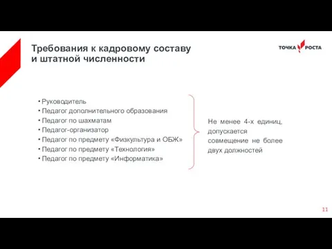 Требования к кадровому составу и штатной численности Руководитель Педагог дополнительного образования