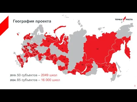 География проекта 2019: 50 субъектов – 2049 школ 2024: 85 субъектов – 16 000 школ