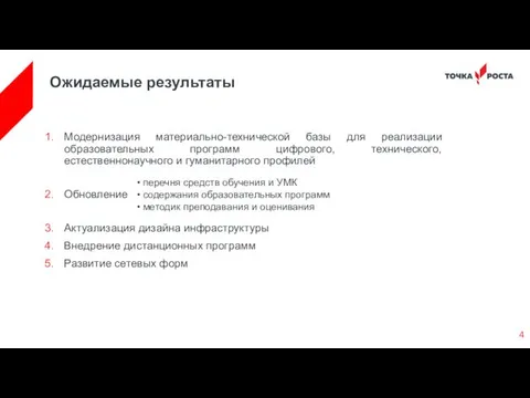 Ожидаемые результаты Модернизация материально-технической базы для реализации образовательных программ цифрового, технического,