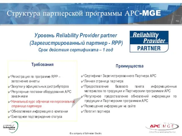 Преимущества Сертификат Зарегистрированного Партнера APC Личная страница партнера Предоставление базового пакета