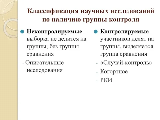 Классификация научных исследований по наличию группы контроля Неконтролируемые – выборка не