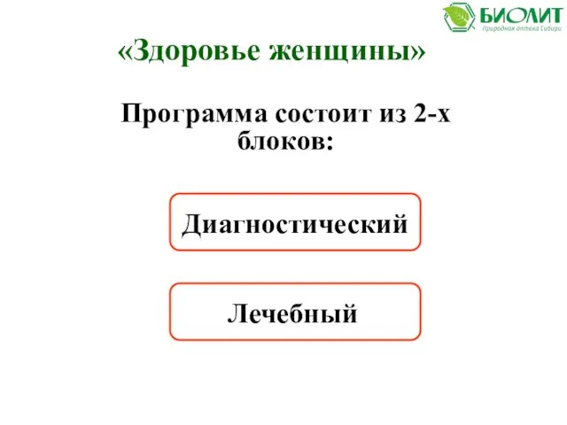 «Здоровье женщины» Диагностический Лечебный Программа состоит из 2-х блоков: