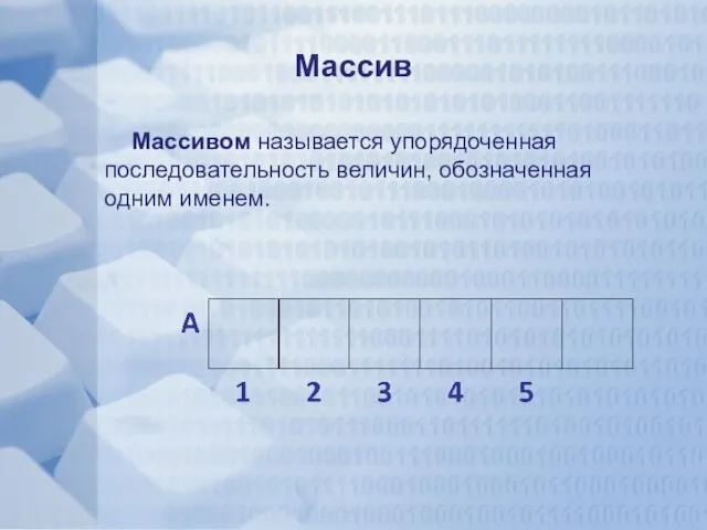 Массив Массивом называется упорядоченная последовательность величин, обозначенная одним именем.