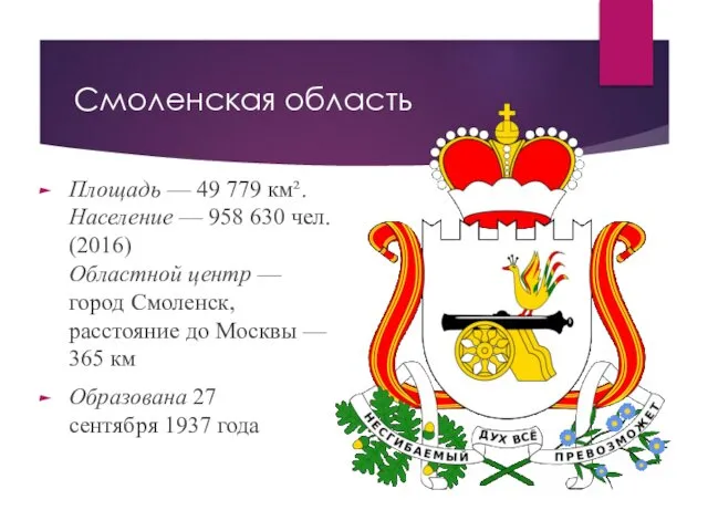 Смоленская область Площадь — 49 779 км². Население — 958 630