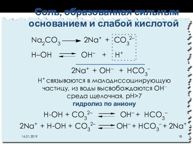 Соль, образованная сильным основанием и слабой кислотой 16.01.2019 Na2CO3 2Na+ +