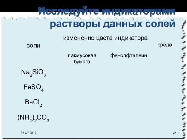 Исследуйте индикаторами растворы данных солей 16.01.2019