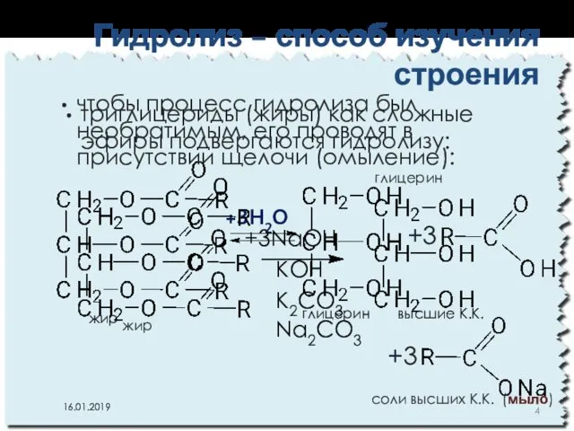 триглицериды (жиры) как сложные эфиры подвергаются гидролизу: Гидролиз – способ изучения