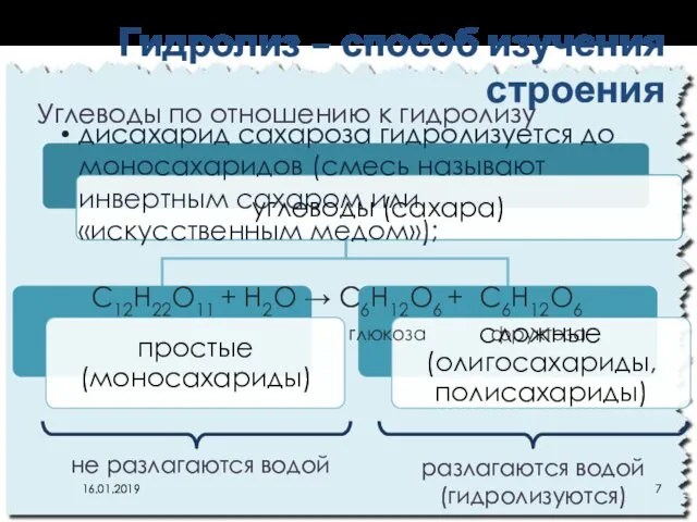 Гидролиз – способ изучения строения С12Н22О11 + Н2О → С6Н12О6 +