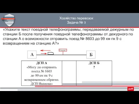 Хозяйство перевозок Задача № 3 «Укажите текст поездной телефонограммы, передаваемой дежурным