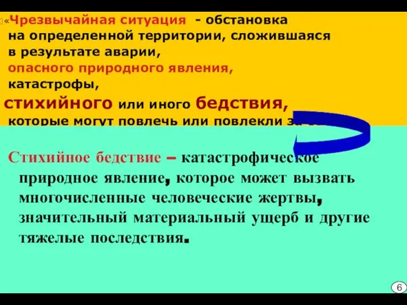 «Чрезвычайная ситуация - обстановка на определенной территории, сложившаяся в результате аварии,