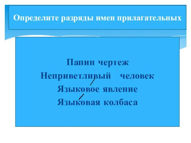 К какой части речи относятся данные слова? Папин чертеж Неприветливый человек