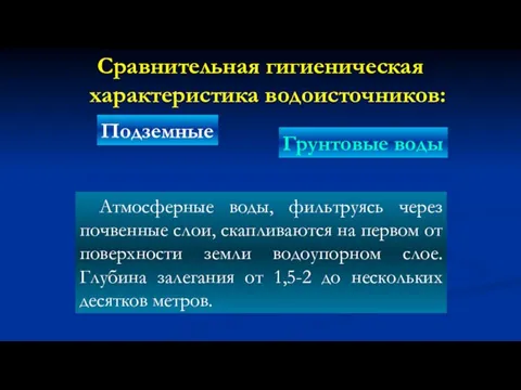 Сравнительная гигиеническая характеристика водоисточников: Подземные Атмосферные воды, фильтруясь через почвенные слои,