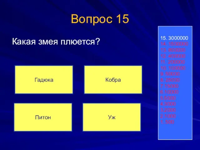 Вопрос 15 Какая змея плюется? 15. 3000000 14. 1500000 13. 800000